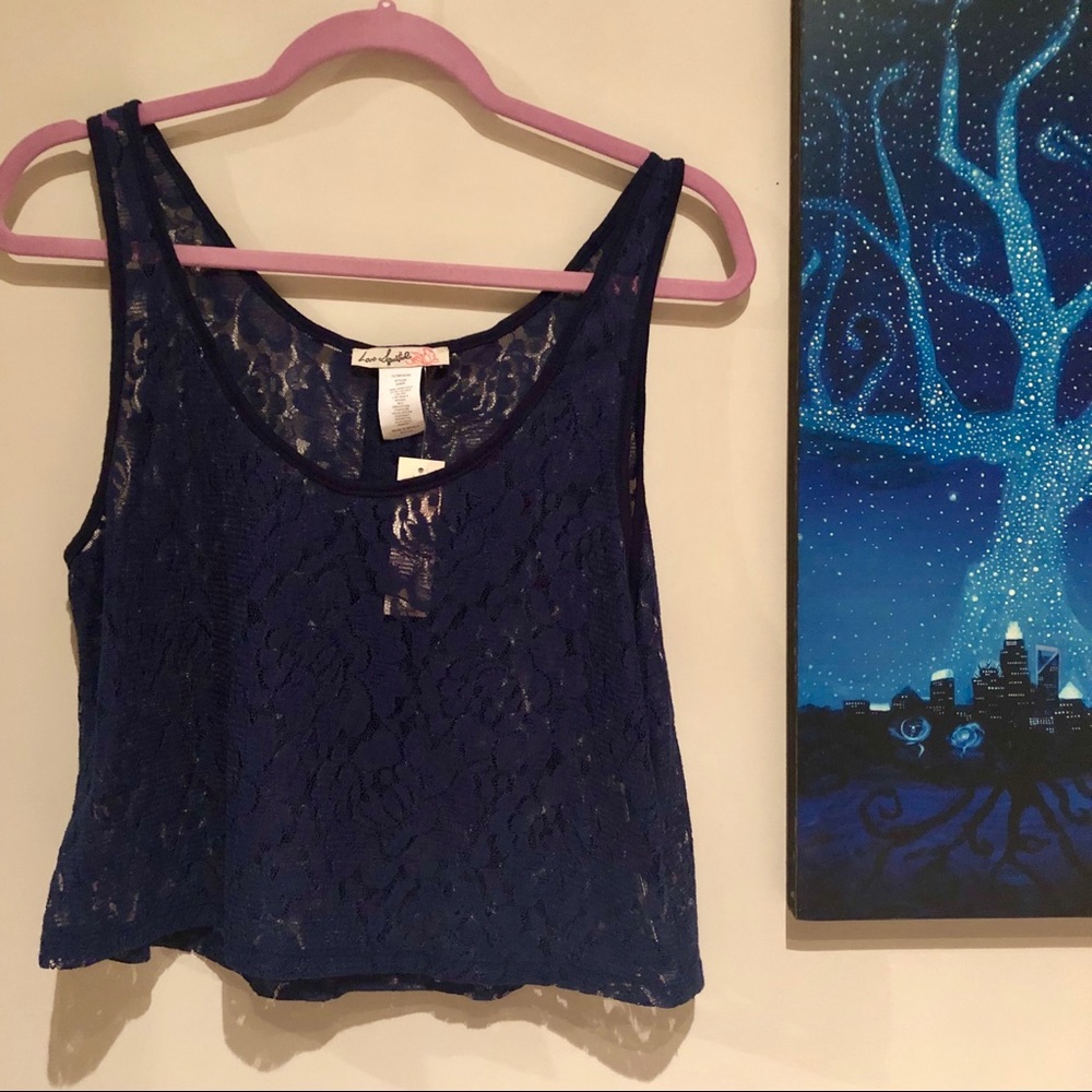 (NWT) Navy lace crop top with semi open back